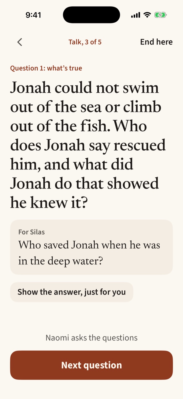 Hearth screen: the first question, what's true, with a simpler version for Silas.